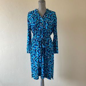 Donna Morgan High Neck Button Down Tie Waist Multi Print Jersey Dress-BLUE MULTI